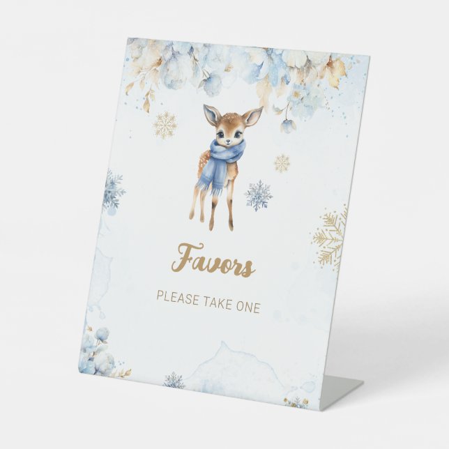 Oh Deer Winter Baby Boy Shower Favors Pedestal Sign (Front)