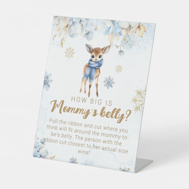 Oh Deer Winter Baby Boy Shower Mommy's Belly Game Pedestal Sign (Front)