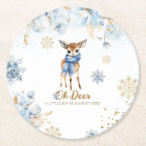 Oh Deer Winter Baby Boy Shower Round Paper Coaster