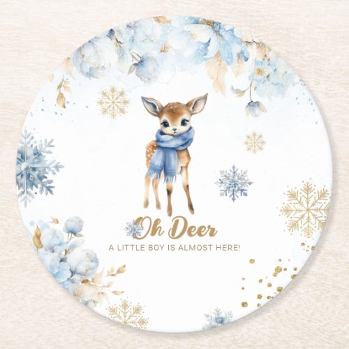 Oh Deer Winter Baby Boy Shower Round Paper Coaster