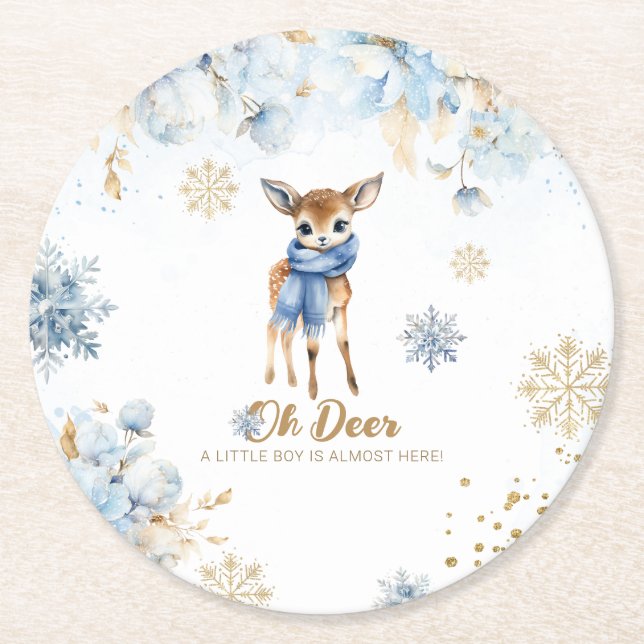 Oh Deer Winter Baby Boy Shower Round Paper Coaster (Front)