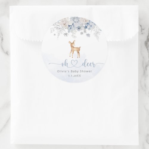 Oh deer winter blue boy baby shower classic round sticker