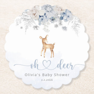 Oh deer winter blue boy baby shower paper coaster