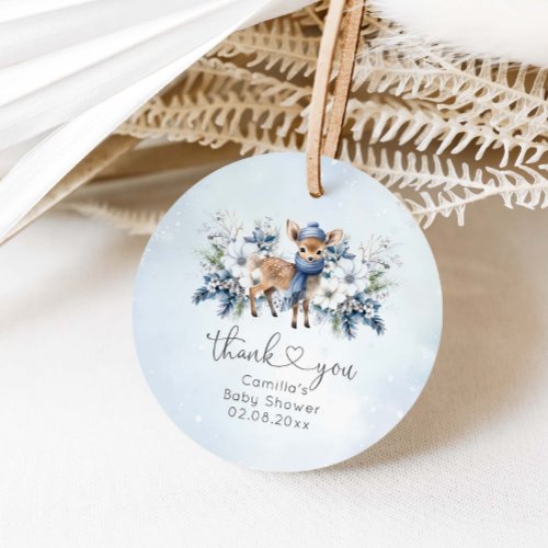 Oh Deer Winter Boy Blue Floral Baby Shower Favor Tags