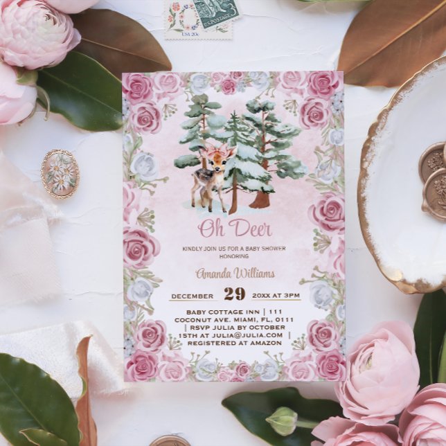 Oh Deer Winter Floral Baby Girl Shower  Invitation (Creator Uploaded)