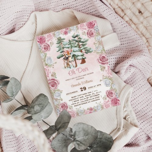 Oh Deer Winter Floral Baby Girl Shower  Invitation