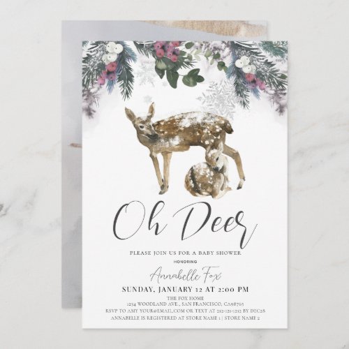 Oh Deer Winter Foliage  Red Berries Baby Shower Invitation