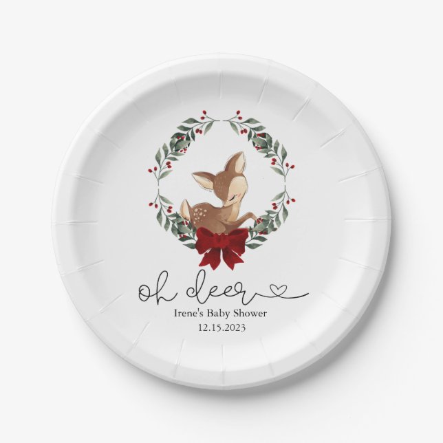 Oh Deer Winter Greenery Baby Shower Paper Plates (Front)