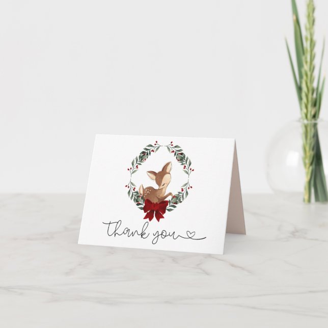 Oh Deer Winter Greenery Baby Shower Thank You Card (Front)