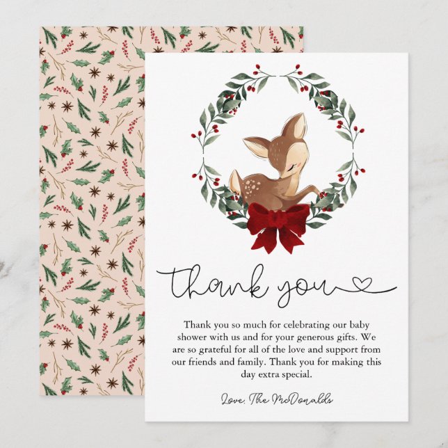 Oh Deer Winter Greenery Baby Shower Thank You Card (Front/Back)