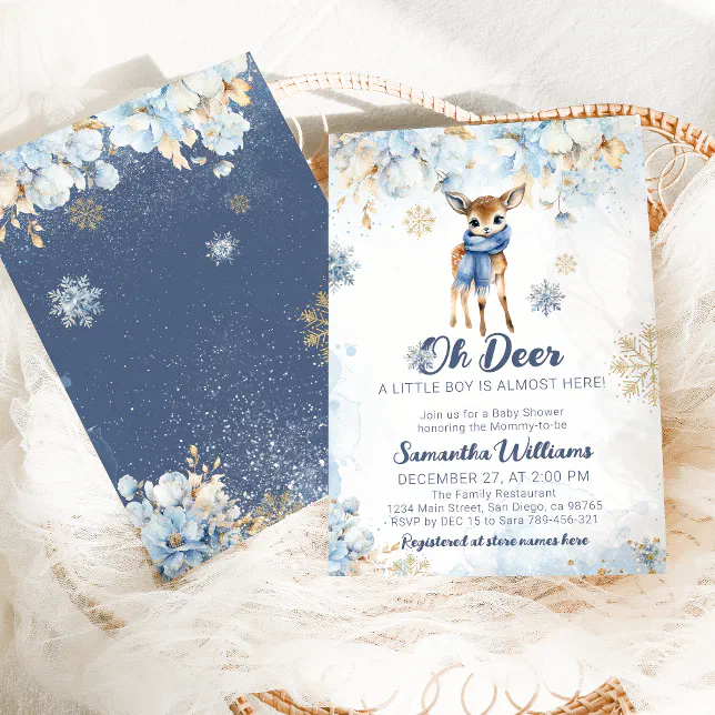 Oh Deer Winter Navy Blue Baby Boy Shower Invitation
