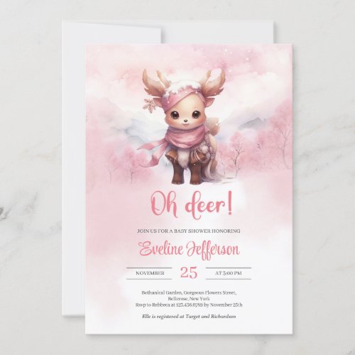 Oh deer winter pink baby deer in snowy forest invitation