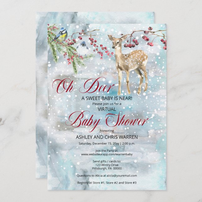 Oh Deer Woodland Animal Winter Virtual Baby Shower Invitation (Front/Back)