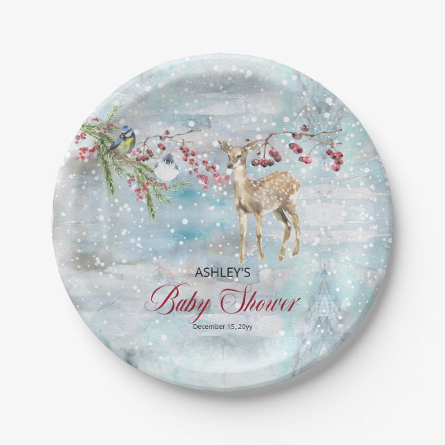 Oh Deer Woodland Animals Winter Boy Baby Shower Paper Plates (Front)