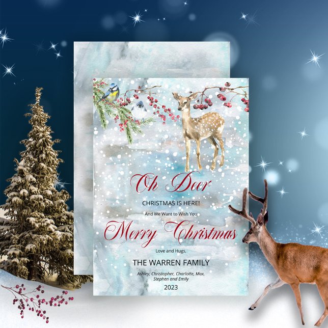 Oh Deer Woodland Animals Winter Merry Christmas Holiday Card ("Oh Deer" Christmas is Here!  Wish your friends and family "Merry Christmas" in unique rustic style.)