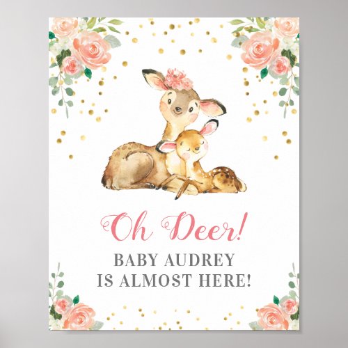 Oh Deer Woodland Baby Girl Shower Peach Floral Poster