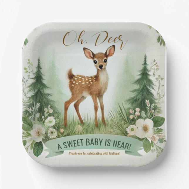 Oh, Deer! Woodland Baby Shower Party Paper Plates (Front)