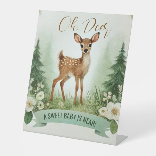 Oh, Deer! Woodland Baby Shower Party Pedestal Sign (Front)