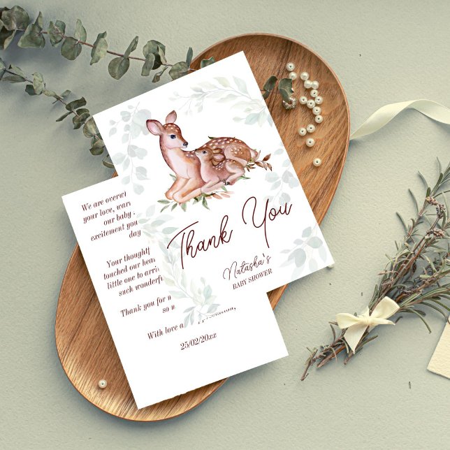 Oh deer woodlands deer baby shower  thank you card (Oh deer woodlands deer baby shower thank you cards cute mother deer and a foal forest leaves)