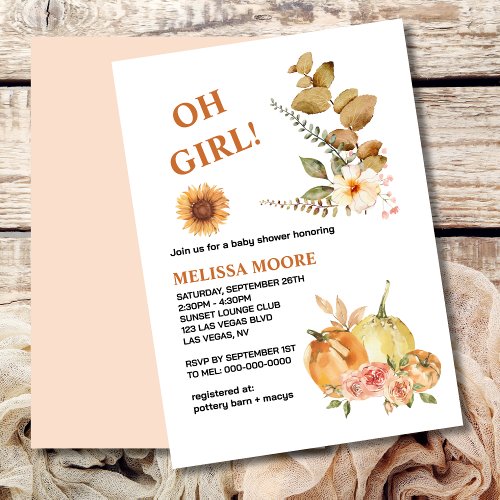 Oh Girl A little pumpkin is on the way baby shower Invitation
