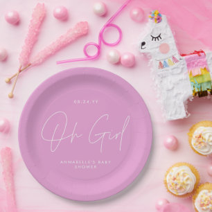 oh girl Baby shower bright cerise pink elegant Paper Plates