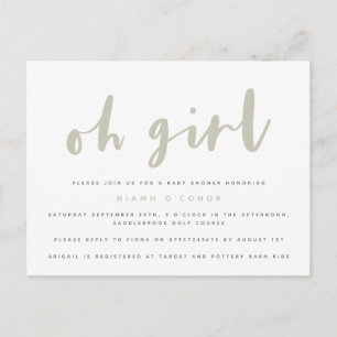 Oh girl baby shower postcard. invitation postcard