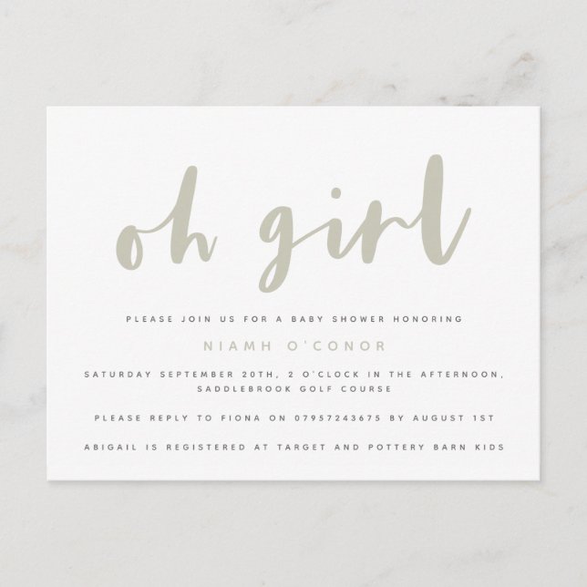 Oh girl baby shower postcard. invitation postcard (Front)