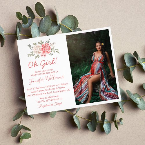 oh girl  baby shower red floral photo invitation flyer
