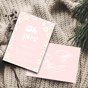 Oh Girl Baby Shower Retro 70s Pink Daisy Invitation
