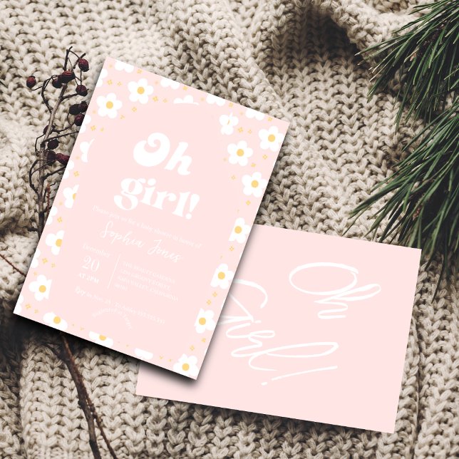 Oh Girl Baby Shower  | Retro 70s Pink Daisy Invitation (Creator Uploaded)