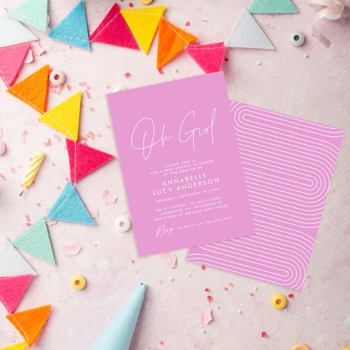 oh girl baby shower script bright pink elegant  invitation