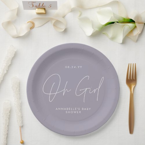 oh girl Baby shower script lilac purple elegant  Paper Plates