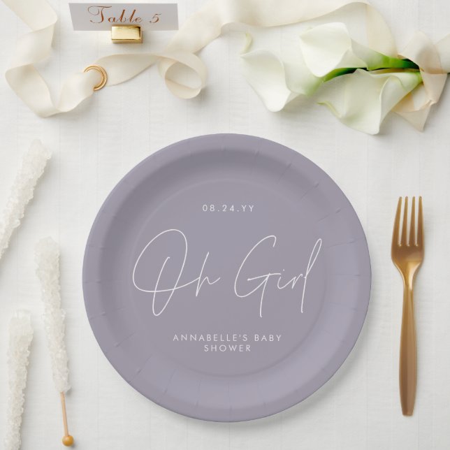 oh girl Baby shower script lilac purple elegant  Paper Plates (Wedding)