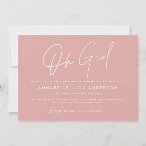 oh girl Baby shower script modern pink boho Invitation