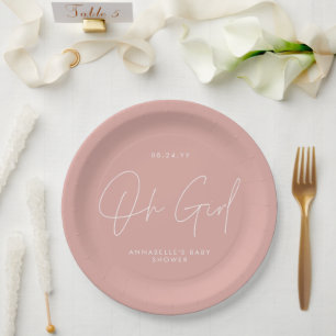 oh girl Baby shower script pink elegant Paper Plates