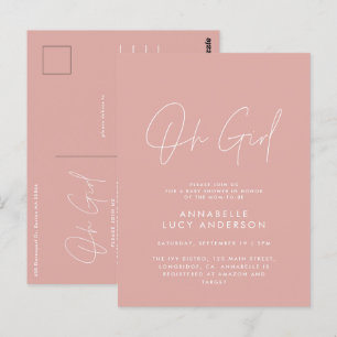 oh girl Baby shower script pink elegant  Postcard