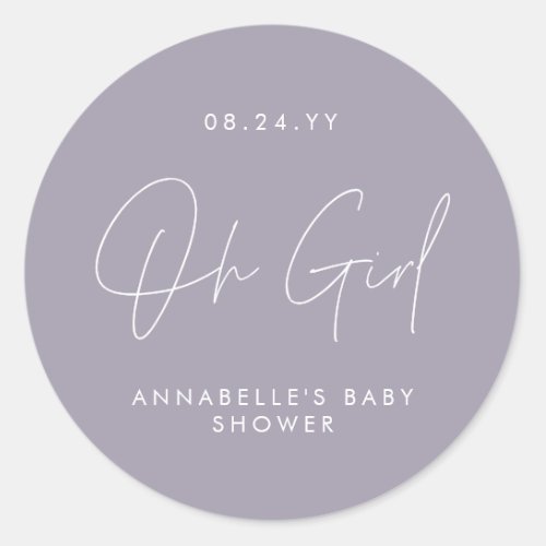 oh girl Baby shower script purple lilac elegant  Classic Round Sticker