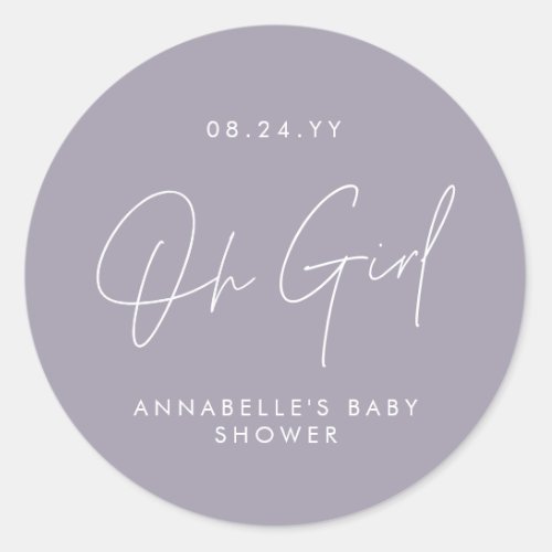 oh girl Baby shower script purple lilac elegant Classic Round Sticker