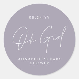 oh girl Baby shower script purple lilac elegant Classic Round Sticker