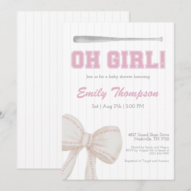 Oh Girl Baseball Baby Shower  Invitation (Front/Back)