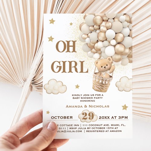 Oh girl Cute teddy bear balloons baby shower Invitation