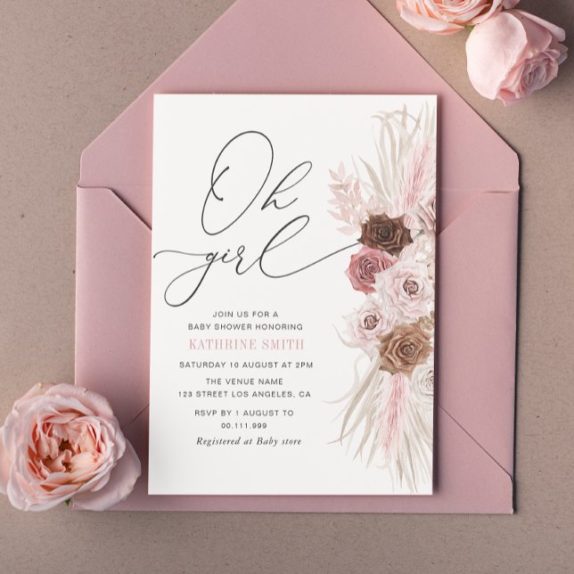 Oh Girl Dusty Pink Pampas baby shower Invitation (Creator Uploaded)