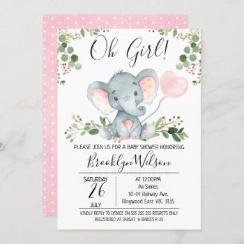 Oh Girl Elephant Balloon Baby Shower Invitation by figtreedesign at Zazzle