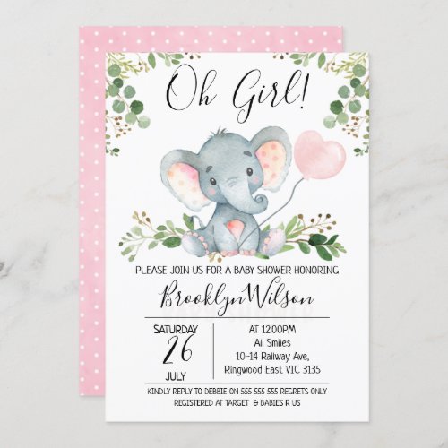 Oh Girl Elephant Balloon Baby Shower Invitation - Oh Girl Elephant Balloon Baby Shower Invitation

This girl's watercolor elephant baby shower invitation features a cute elephant, a pink heart shaped balloon and some green foliage on a white background.  Ideal of an upcoming girl's elephant themed baby shower.