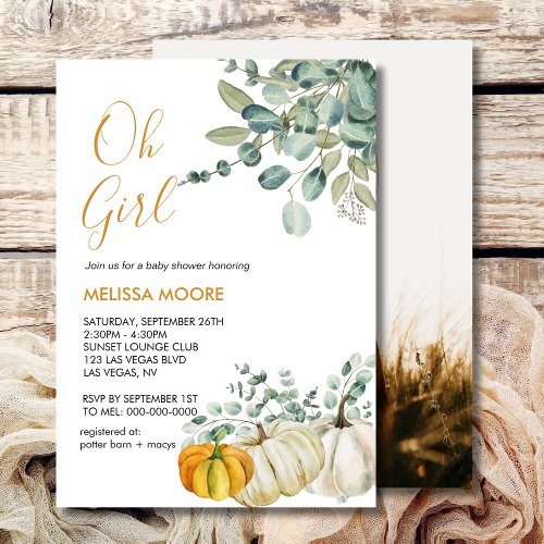 Oh girl fall pumpkin baby shower greenery photo invitation