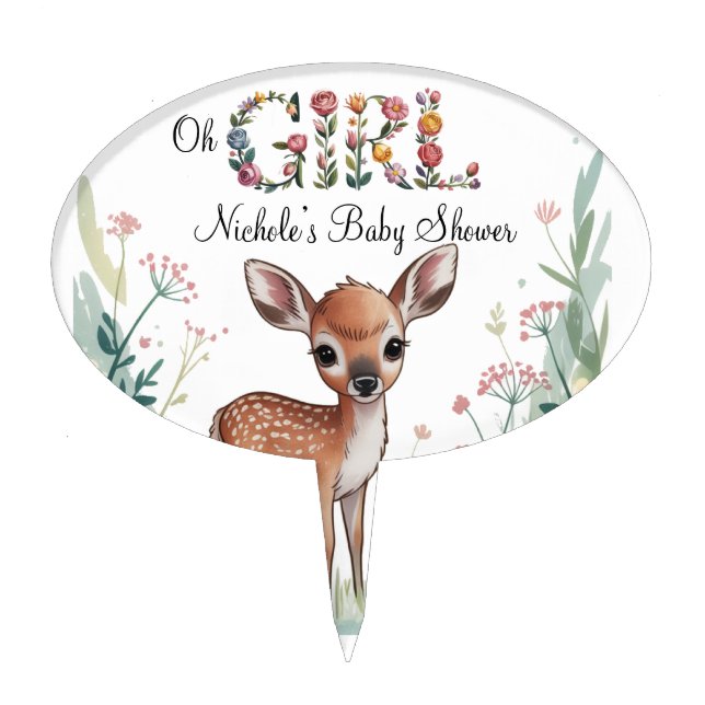 Oh Girl: Little Deer Fawn Girl Baby Shower Cake Topper (Front)