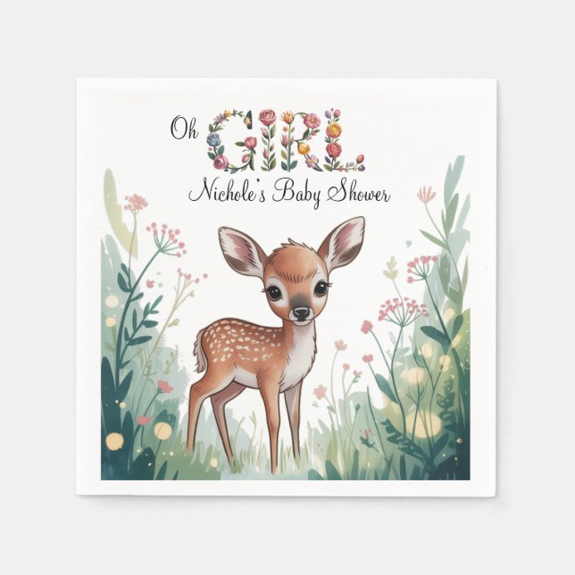 Oh Girl: Little Deer Fawn Girl Baby Shower Napkins (Front)