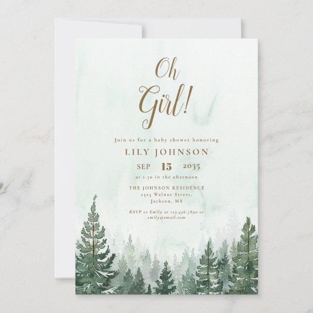 Oh Girl Pine Tree Forest Baby Shower Invitation (Front)