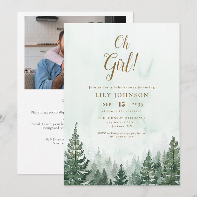 Oh Girl Pine Tree Forest Baby Shower Photo QR Code Invitation (Front/Back)