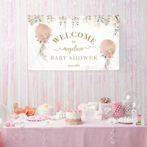 Oh Girl Pink Balloon Floral Eucalyptus Baby Shower Banner